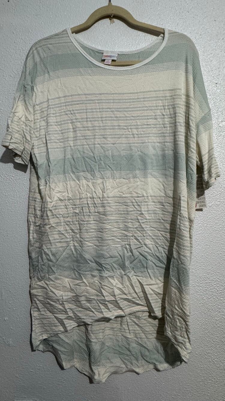 LuLaRoe Irma Tunic Top S NWT Sage Green White Striped Space Dye
